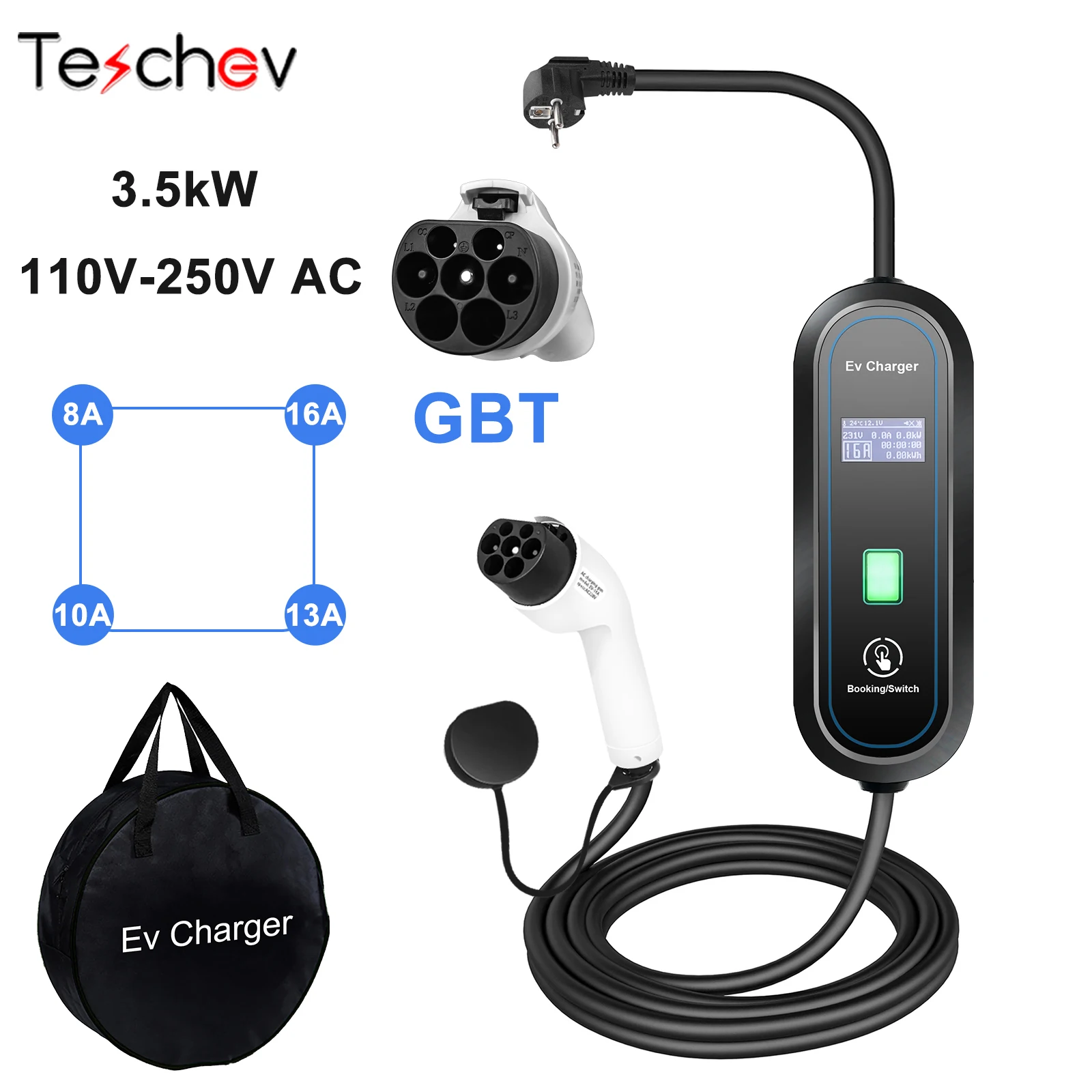 Teschev-Chargeur de véhicule électrique, câble de charge EVSE, boîtier mural de type 2, chargeur de voiture 16A, 110V, 230V, GBT EV, niveau 2