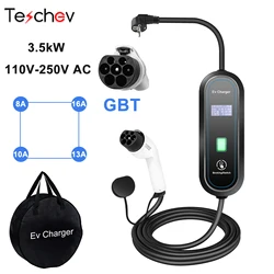 Teschev-GBT EV Carregador para Veículo Elétrico, Carregador de Carro, Nível 2, Cabo de Carregamento EVSE, Wallbox Tipo 2, 16A, 110V, 230V