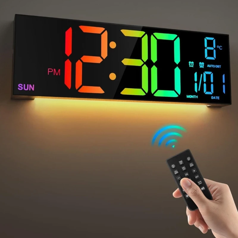ساعة حائط رقمية LED كبيرة جديدة مقاس 16 بوصة مع جهاز تحكم عن بعد وإضاءة لتزيين المنزل