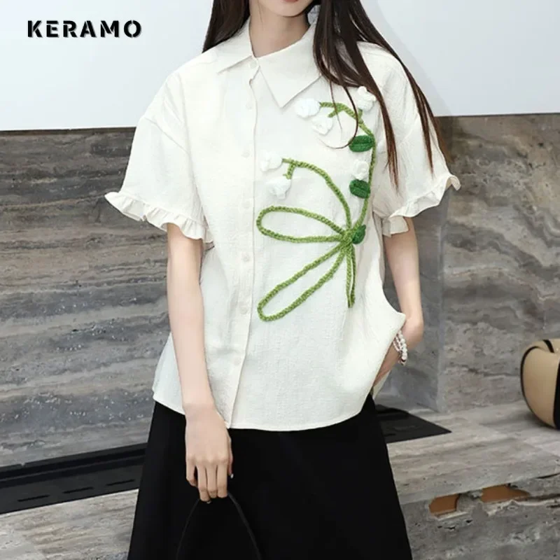 2024 Summer Elegant Sweet Turn-down Collar 3D Flowers Short Sleeve Shirt Women's Causal Thin Blouses Chiffon Loose Fit Tees Top