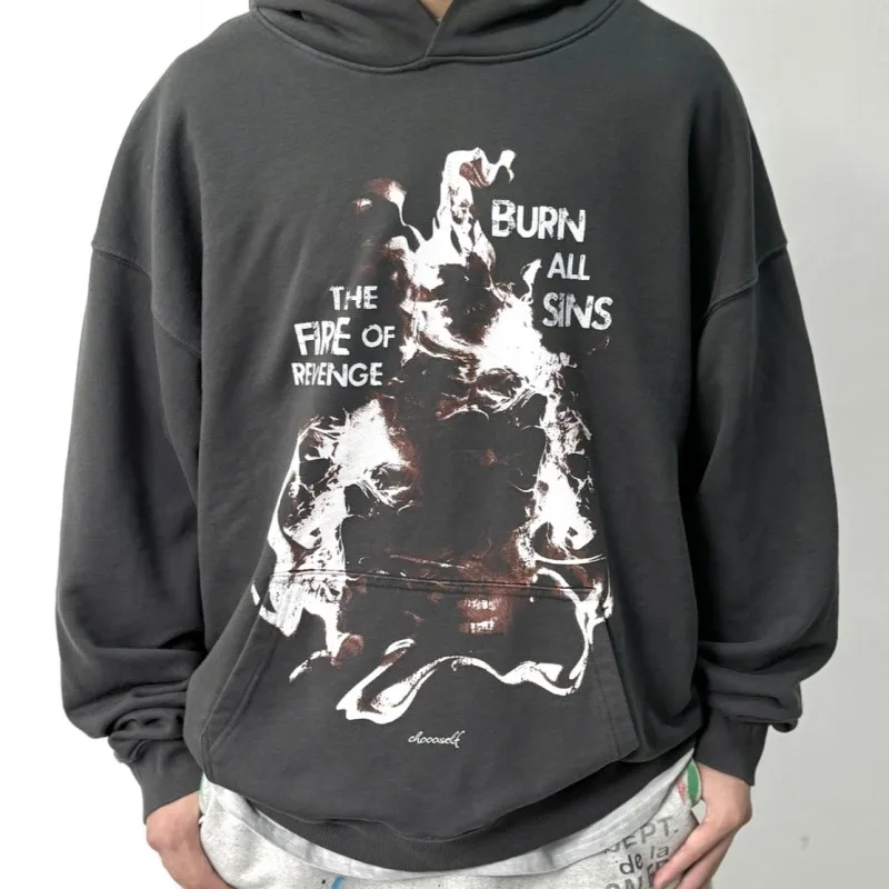 

Vintage Fire of Revenge Hoodie Men Women High Quality Washed Hooded Pullovers