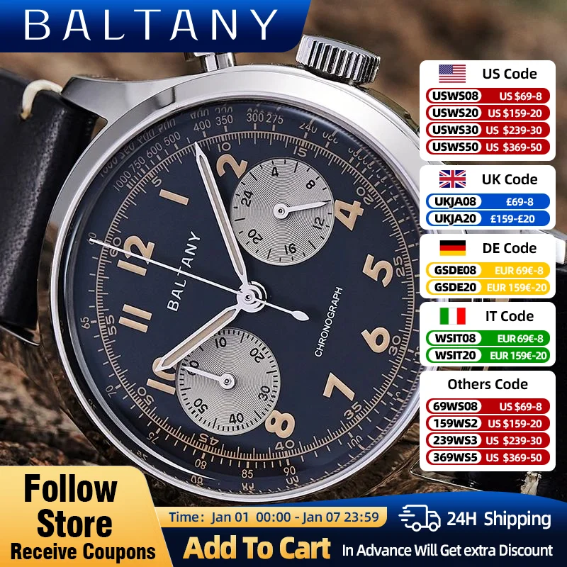 Baltany Quartz Chronograph Watches 39mm Panda Dial 5ATM Water Resistant Retro Super Luminous Vintage Watch