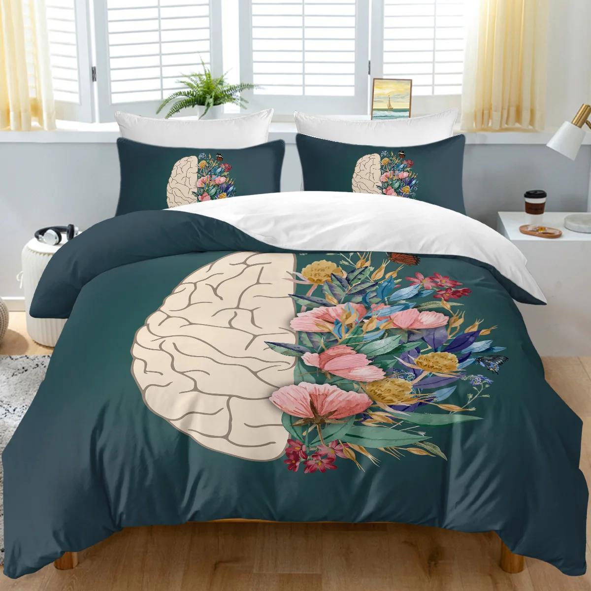 

3pc Unique Half Flowers and Half Brain Design Bedding Set with Zipper Closure 1 Duvet Cover and 2 Pillow Cases