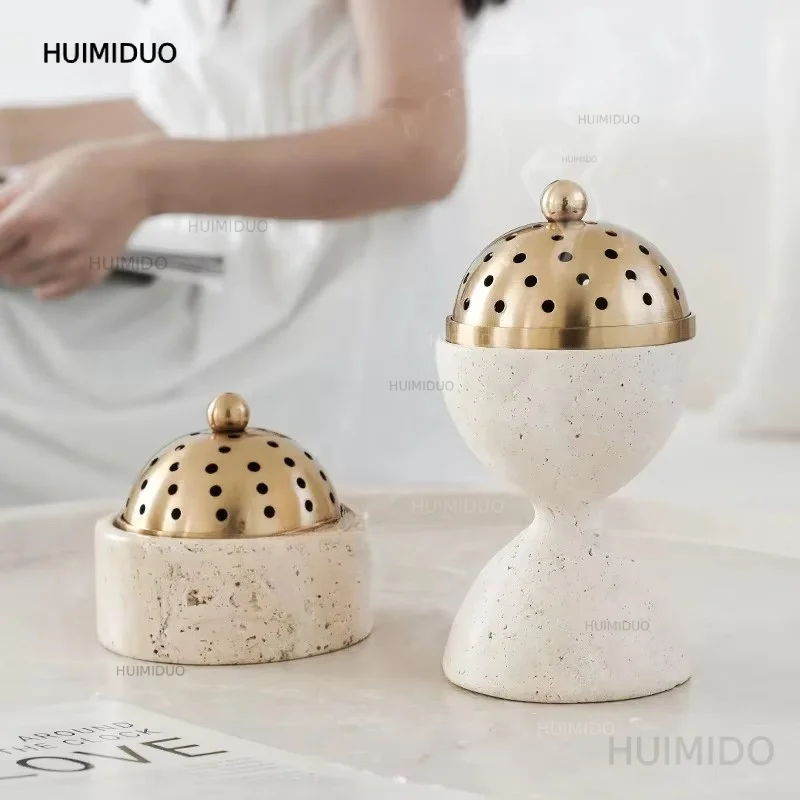 Travertine Mabkhara Burner Luxury Oud Mubkhar Censer Natural Marble Incense Bakhoor Burner with Brass Cover