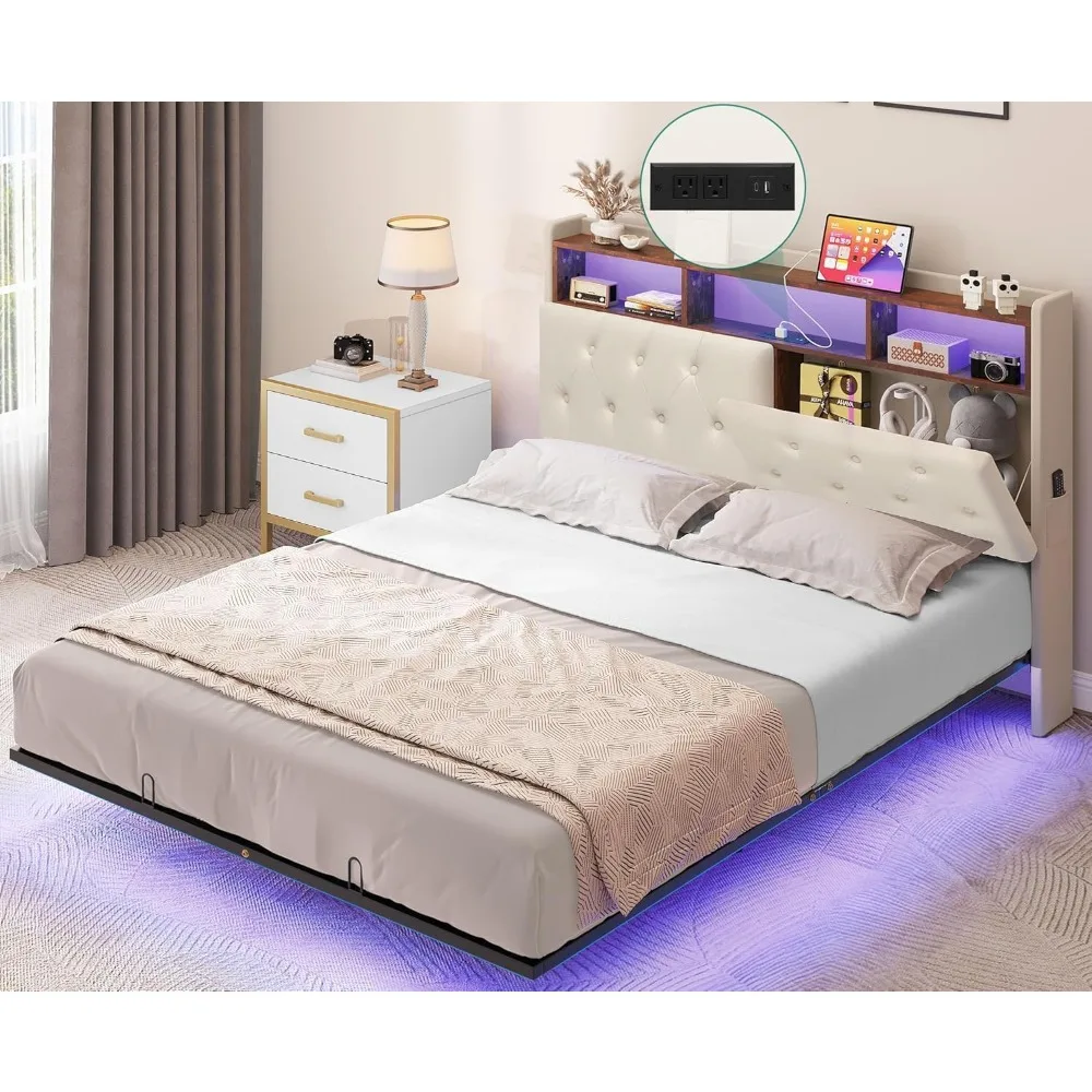 Fully Floating Bed Frame with LED Lights, Platform Bed Frame with USB and C-Port Buttons, Plush Headboard