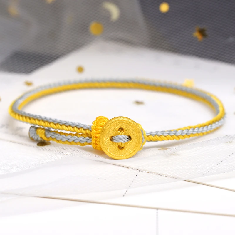 1pcs Pure 24K Yellow Gold Bracelet For Women 3D Lucky Button Black Yellow String Bracelet Gift