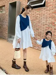 Family Matching Outfits Denim Vest White Dress Mom and Daughter Spring Summer Ruflle Girl Baby Retro O-neck Solid Japan Style