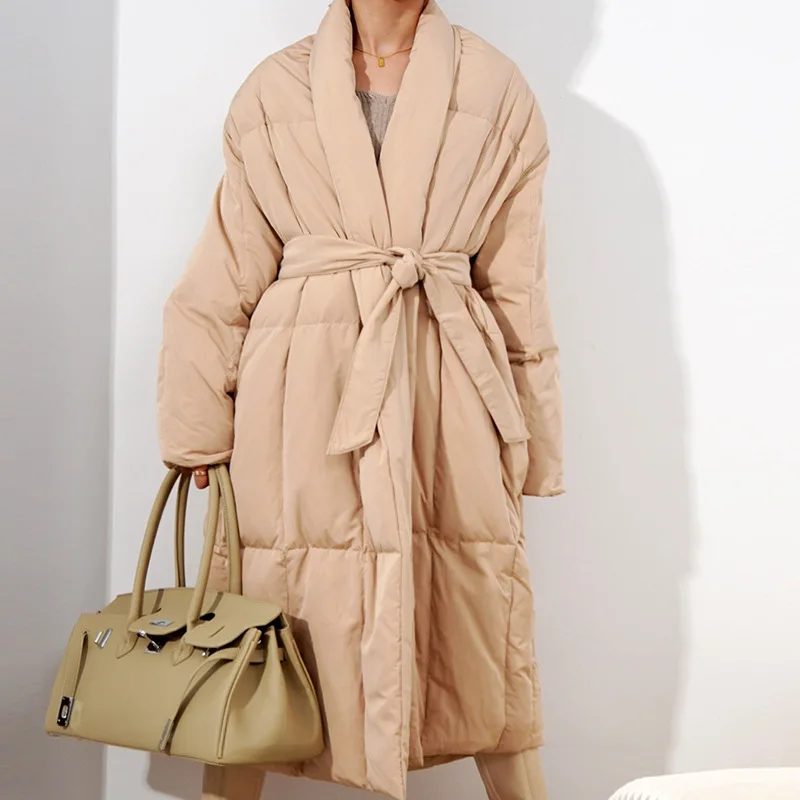 

Winter Warm Thick Minimalist Down Jacket for Women Warm Below-the-Knee Loose White Duck Down Coat Cape Design Puffer Jacket