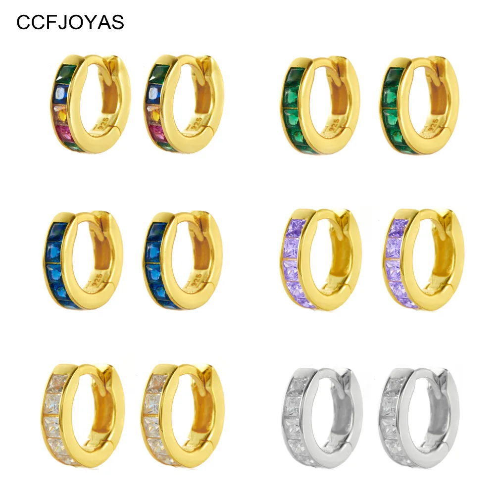 

CCFJOYAS 7mm 925 Sterling Silver Square Colorful Zircon Hoop Earrings for Women Simple ins Geometric Round Huggies Earrings