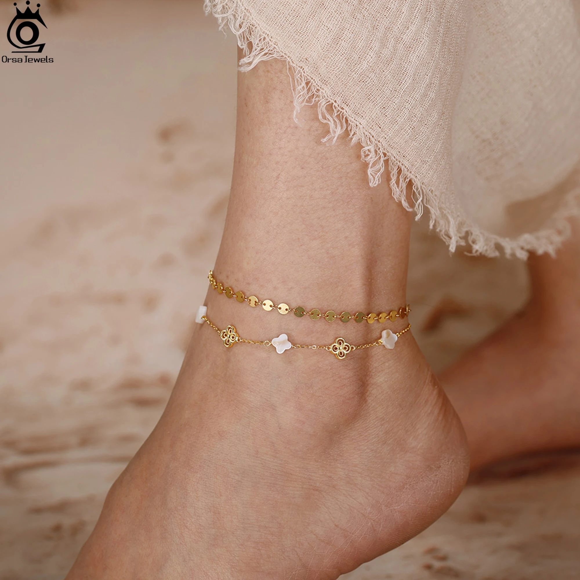 ORSA JEWELS 925 Sterling Silver White Shell Anklet Four Leaf Clover Design Nature Style Lucky Symbol Summer Accessory Gift GMA03