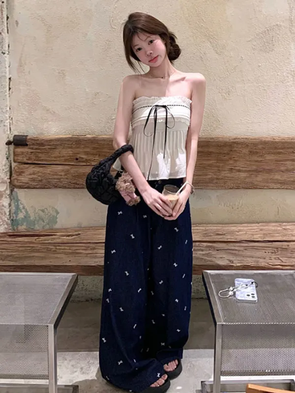 

Корейский стиль: уникальный красивый топ без бретелек и джинсы с широкими штанинами, комплект из двух предметов, летний образ OOTD, хлопковый, удобный, с коротким рукавом