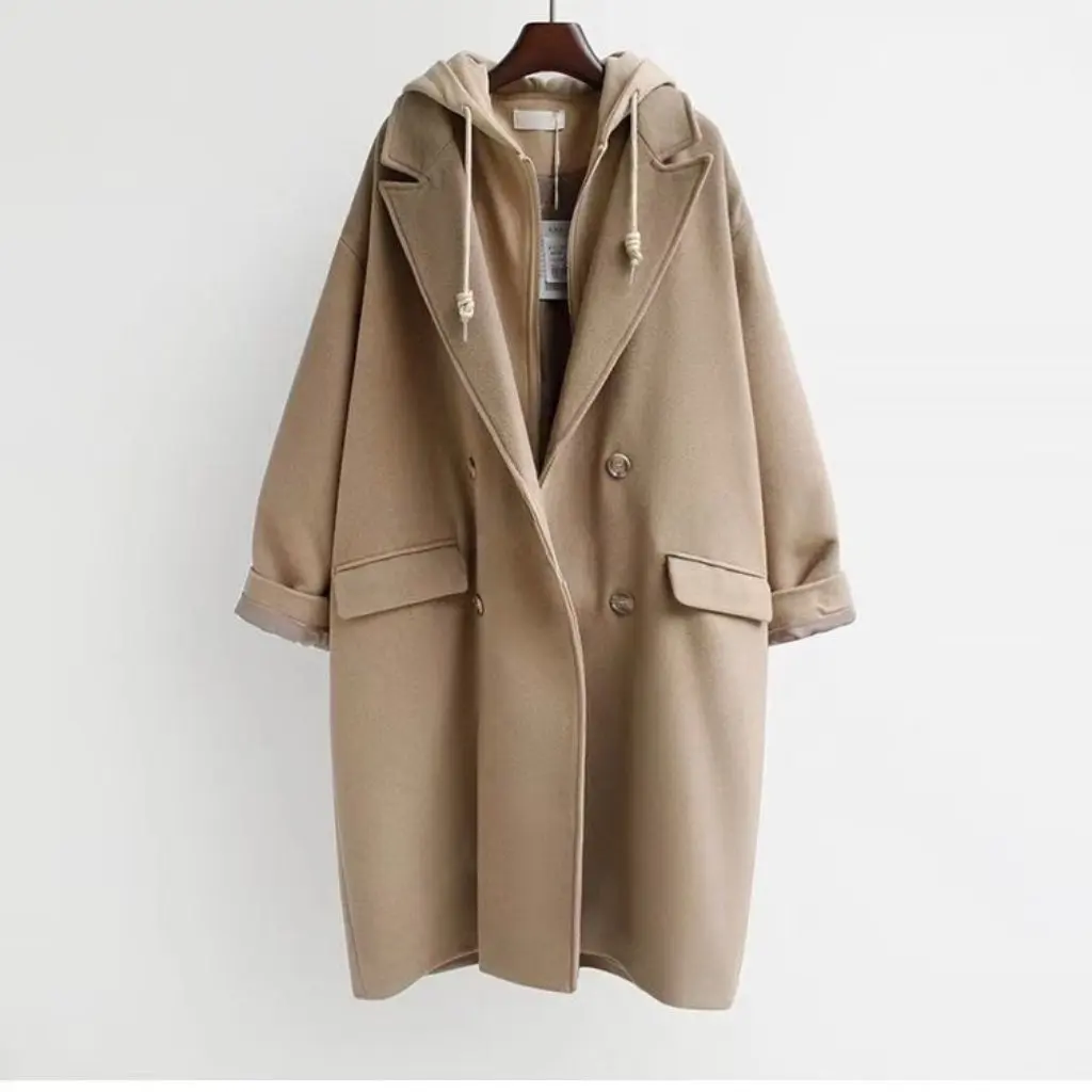 

Women's Korean Style Thickened Fake Two-Piece Woolen Outwear Mid-Length Loose Fit Autumn Winter Cotton Blend Outerwear