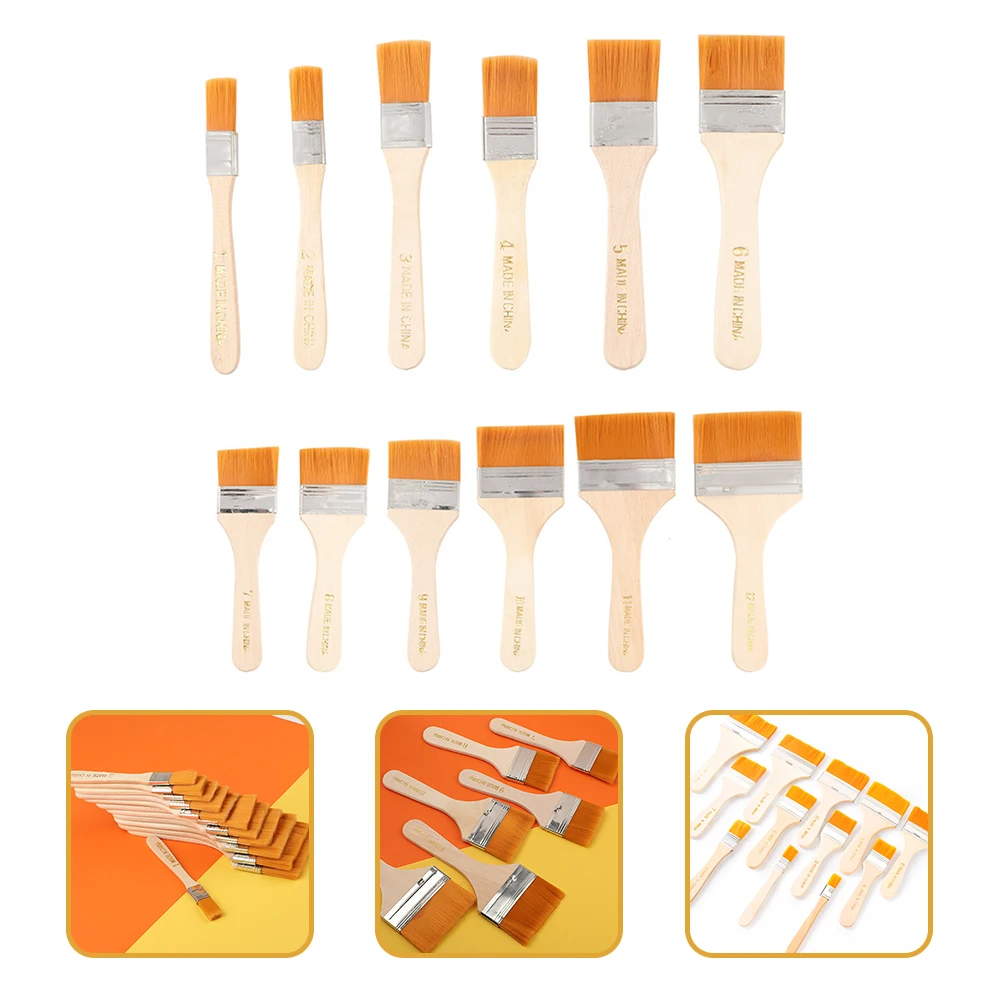 

12Pcs Nylon Paint Brush Flat Set Wooden Handle Easy Use Durable for Wall Paint Stain Trim Cabinet Door Deck DIY
