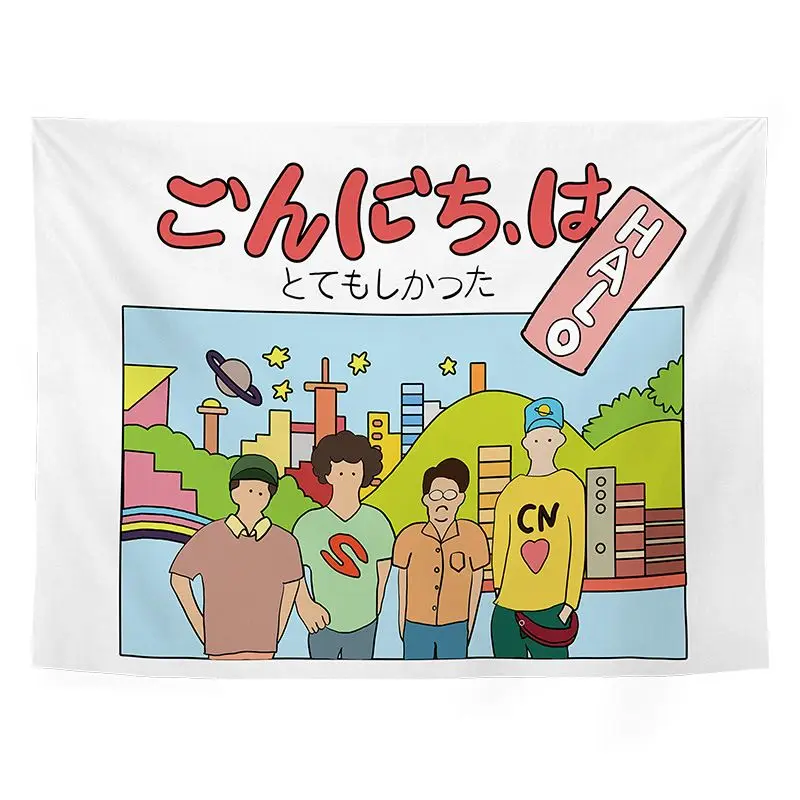 VIKAMA Japanese Cartoon Four Person Illustration Tapestry HD Wear resistant Fabric Living Room Room Decoration Home Furnishings