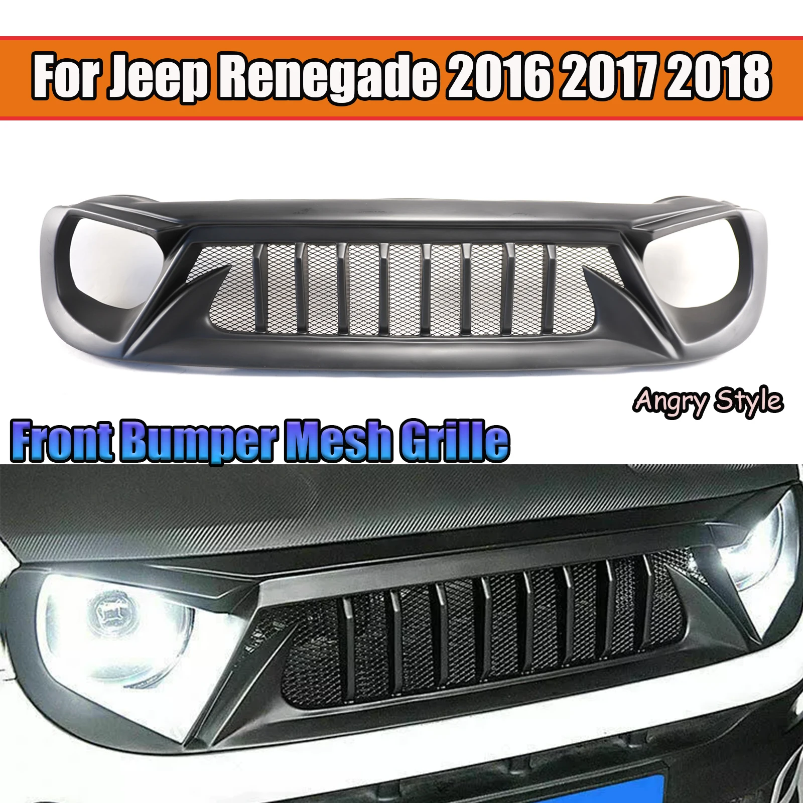 For Jeep Renegade 2016-2018 Angry Style Air Intake Styling Front Bumper Mesh Grille Body Kit Carbon Fiber Style Matte Black