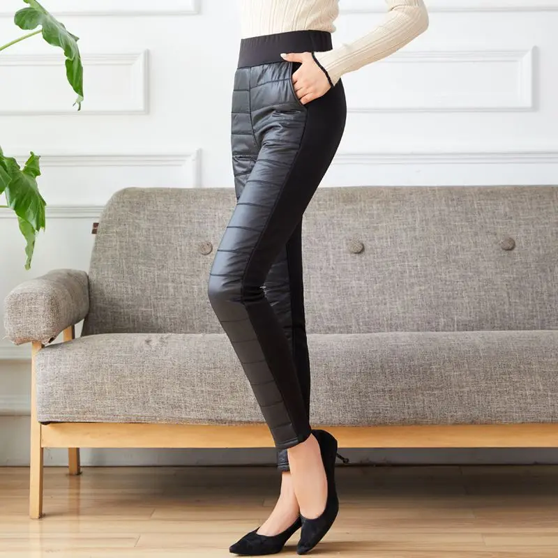 سراويل مبطنة مع جيوب عالية الخصر سراويل نسائية مستقيمة الساق بلون مرقع سميكة لفصل الشتاء TT298 #3