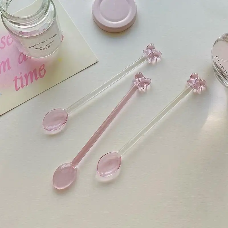 Pink Bow Glass Coffee Spoon, Long-handled Dessert/milk Tea Stirring Spoon, Heat-resistant Teaspoon, Household Kitchen Tool.