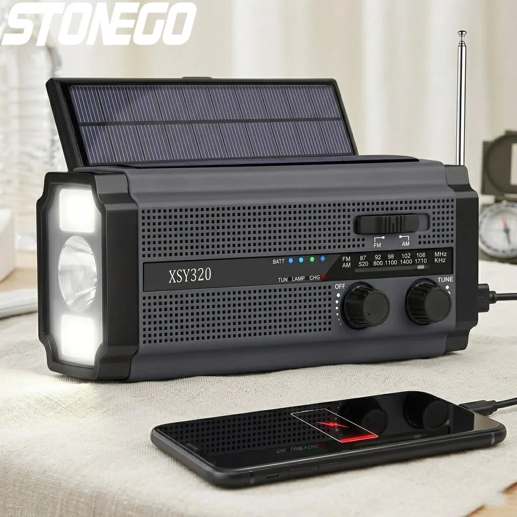 

Портативное солнечное аварийное радио AM/FM с аккумулятором 5000 мАч, фонариком LED и сигнализацией SOS для кемпинга, походов и использования на открытом воздухе