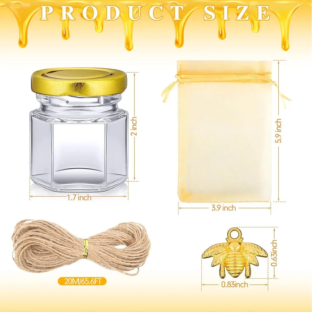 1.5 oz Mini Hexagonal Glass Honey Jars with Wooden Dippers, Bee Pendant, Gift Bag - Small Glass Honey Jars with Airtight Lids