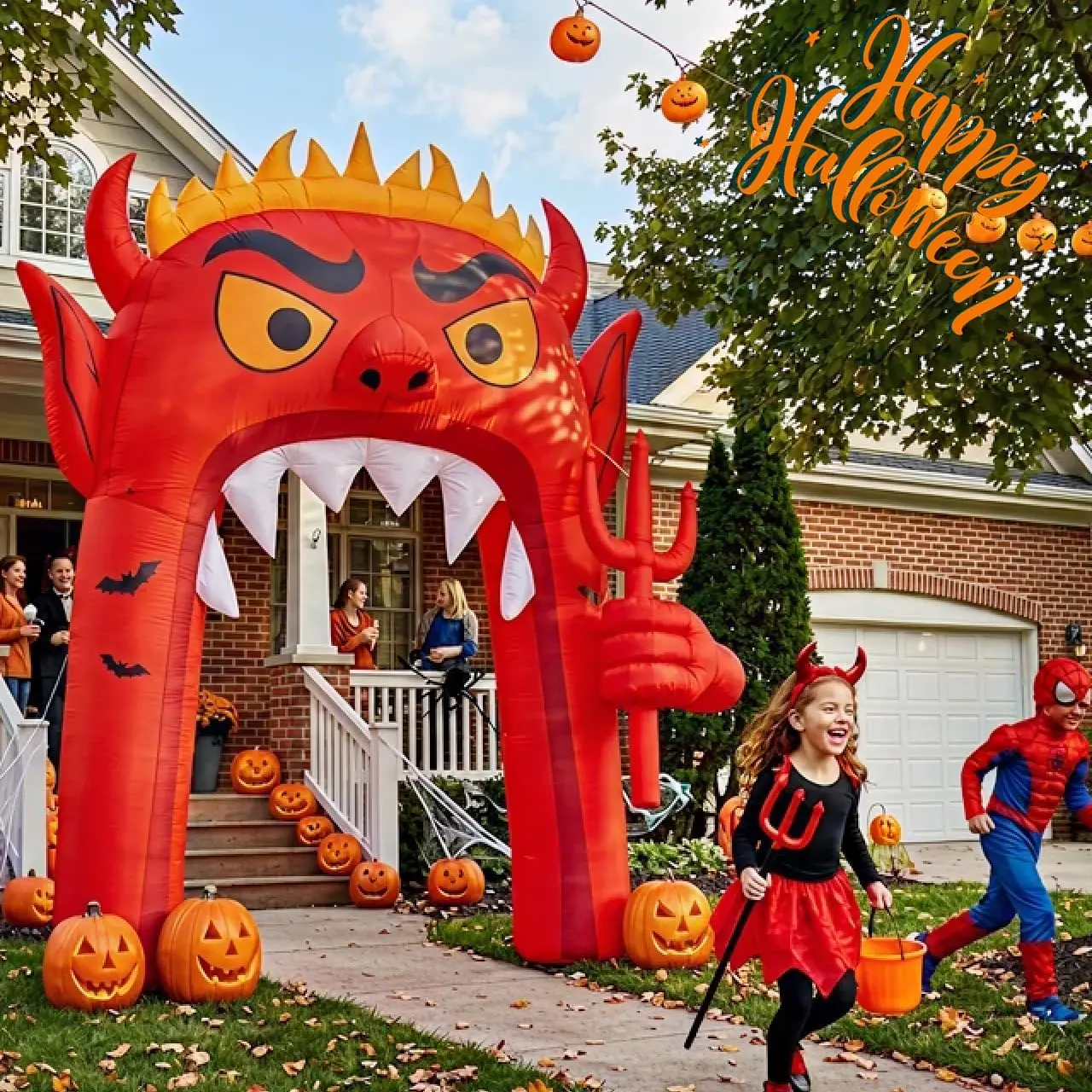 13FT Halloween Inflatable Archway, Red Devil Blow Up Yard Decor | 13FT Halloween Inflatable Giant Devil Archway, Red Demon Head