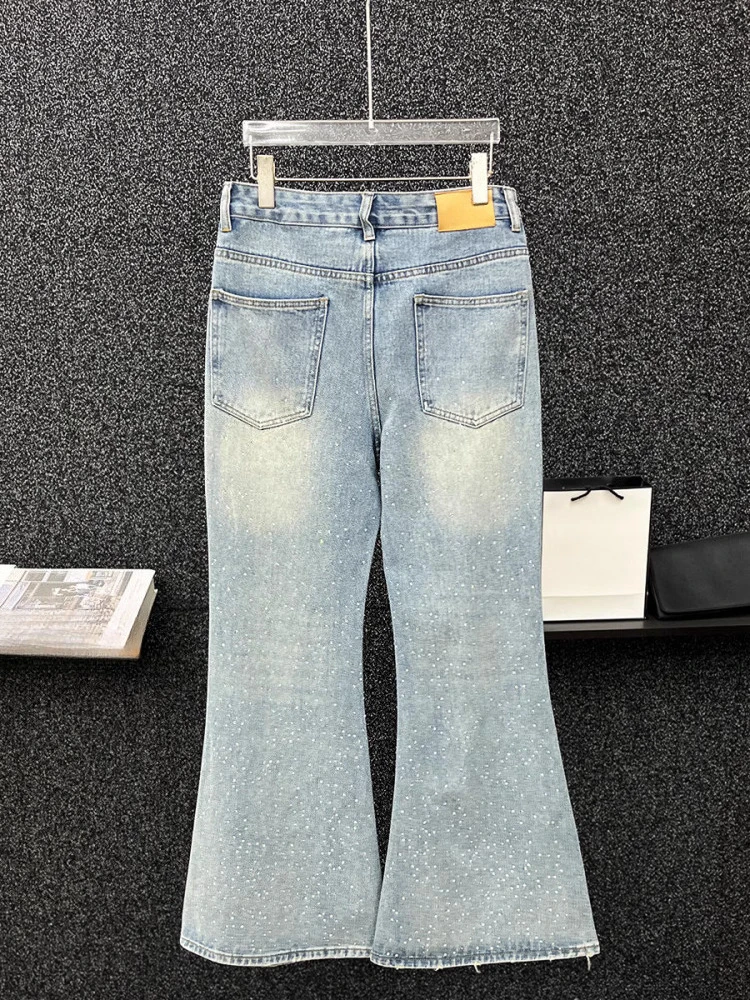 Men's 2025 Spring New High-end Full-body Hot Diamond Chic Jeans Men's Fashion Loose Versatile Wide-leg Flared Pants Casual Pants