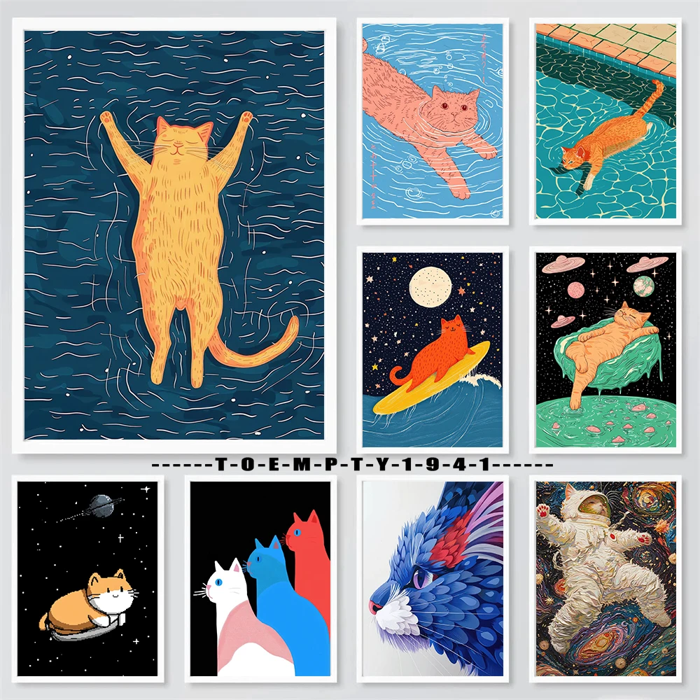 Cartoon Kitty Swimming Illustration Poster Cats Aesthetic Art Modern Decor Prints Wall Decoration Ginger Cat Canvas Wall Decor