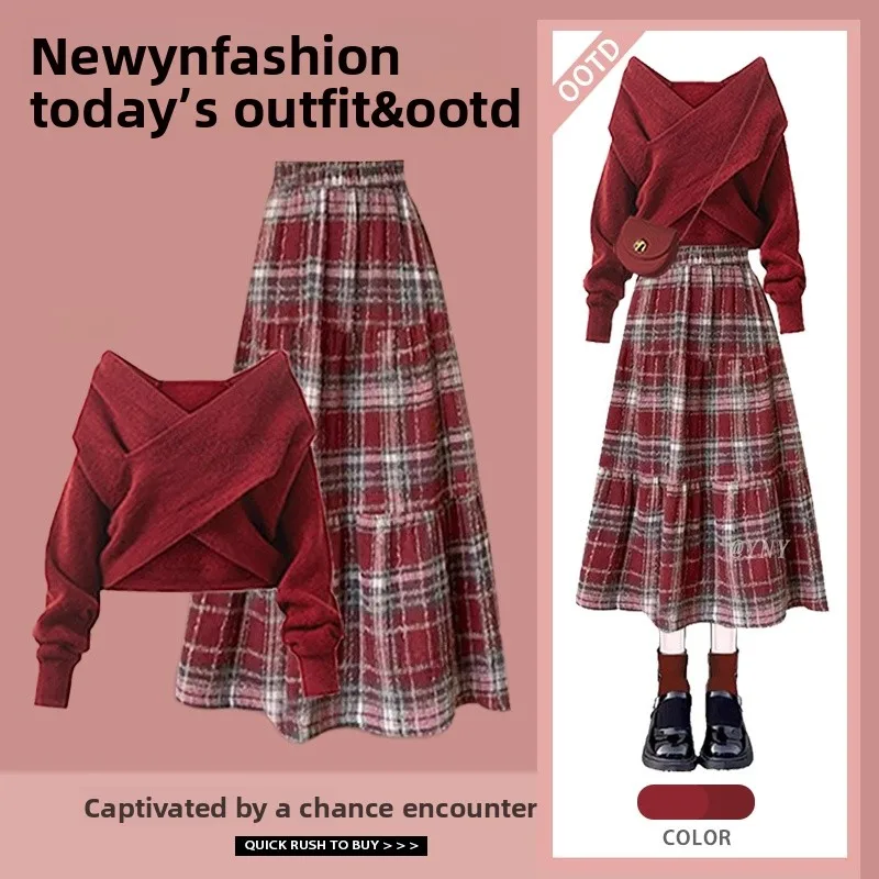 

New Year Red Design Knitwear And Plaid Skirt Set Women's Fashion Two-Piece Suit Autumn Winter Collection V-Neck Long Sleeve