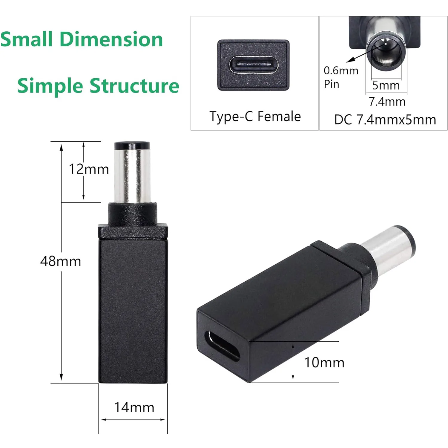 100W PD USB-C Type C Female Input to DC 7.4mm x 5.0mm Male Power Charging Charger Adapter for HP Laptop Elitebook 8460p 8470p