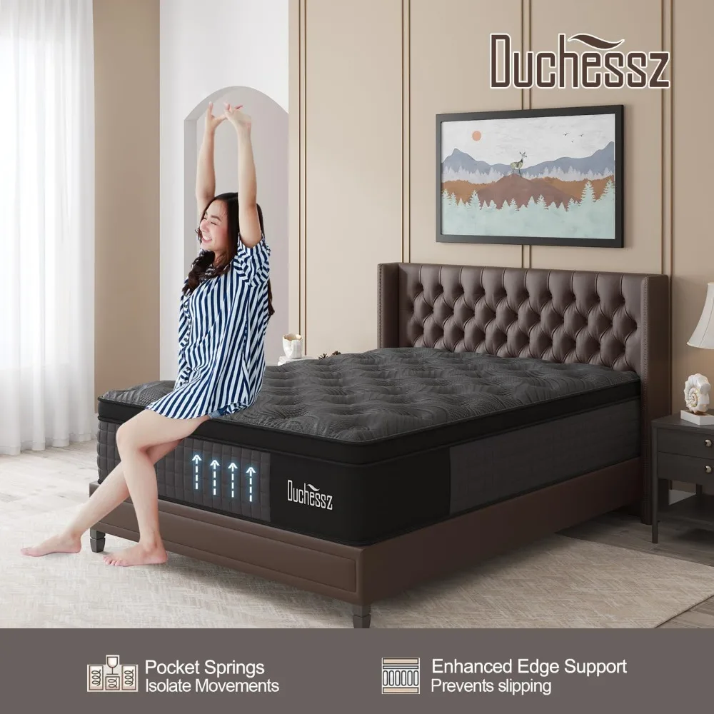 Matelas Queen hybride moyen ferme de 12 pouces avec mousse à mémoire de forme gel et sommier européen à ressorts intérieurs avec poches