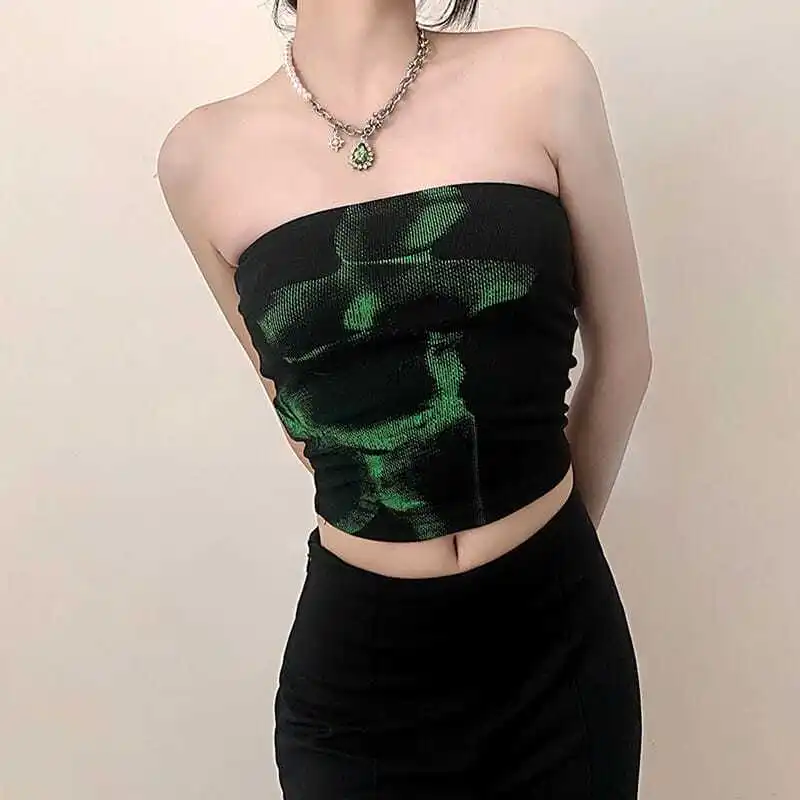 2026 Summer Fashion New Women's Street Design Impression Printed Strapless Tank Top Sexy Short Elastic Tank Top