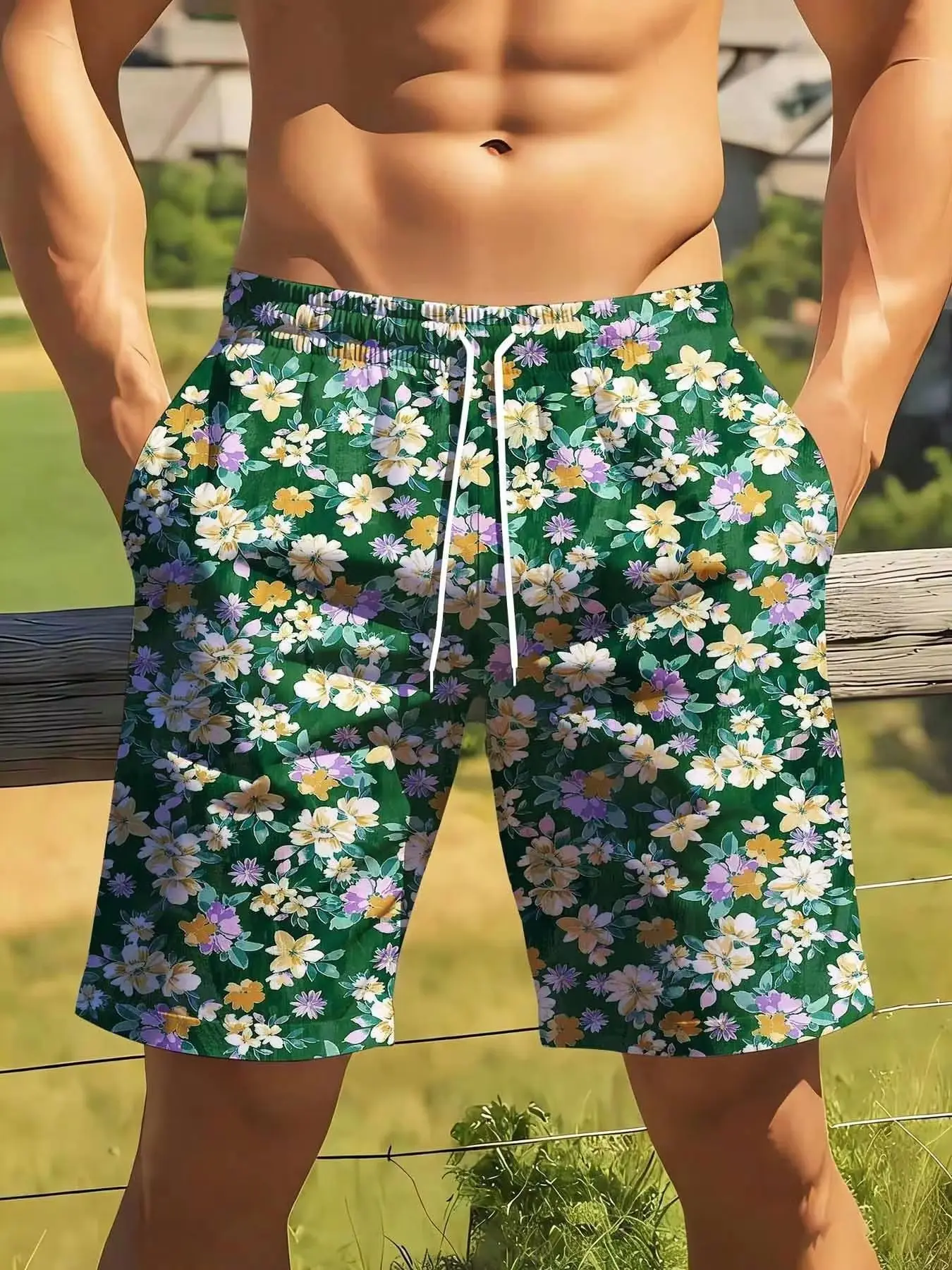 

Men Floral Swim Trunks Green Patterned Beach Shorts Summer Vacation Wear Outdoor Recreation Clothing