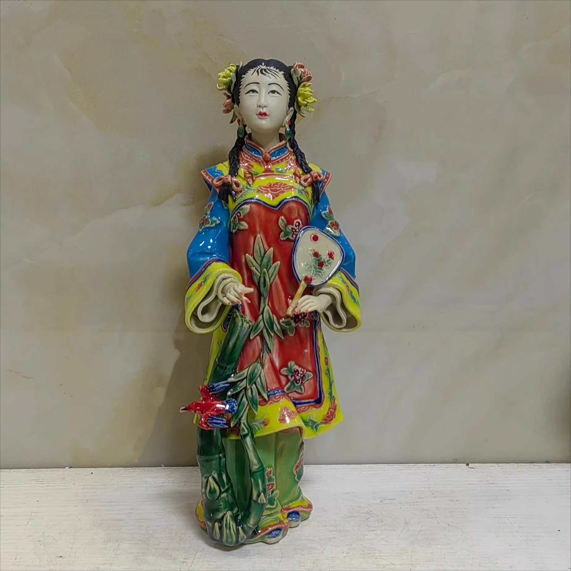 Shiwan doll ceramic fan lady bamboo shake clear shadow handmade ornaments home shop creative feng shui beautiful woman