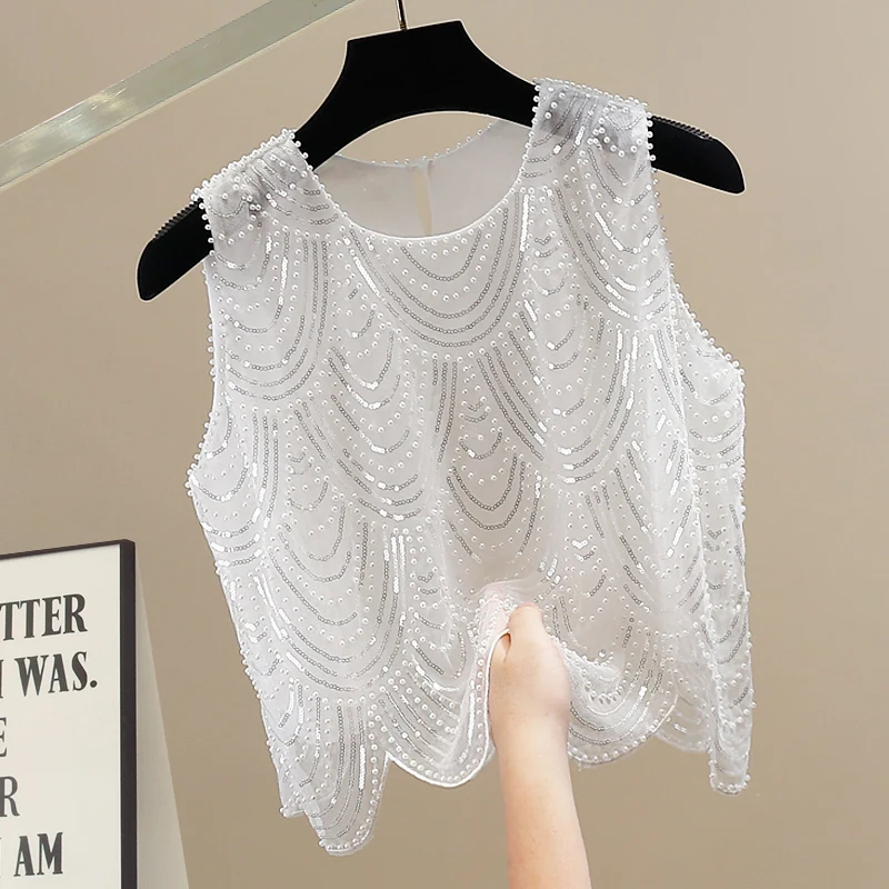 

Faionable Heavy Beaded Svel Vest Top Women's Clothing Design Sensual irt Trendy Commute Sle round Ne Polyester ...