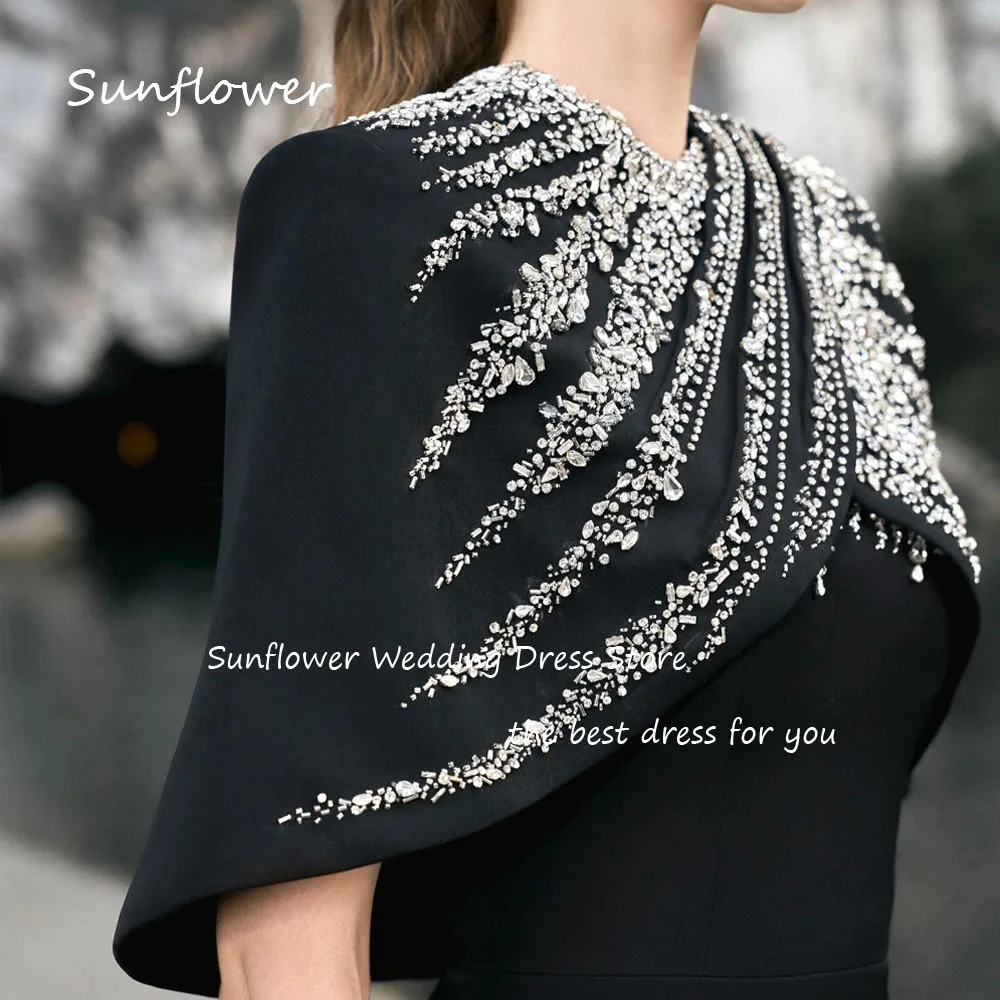 Sunflower Black O-Neck Beading Mermaid Formal Evening Dress Saudi Arabia 2024 Slim Half Sleeve Crepe Floor-Length Prom Dress