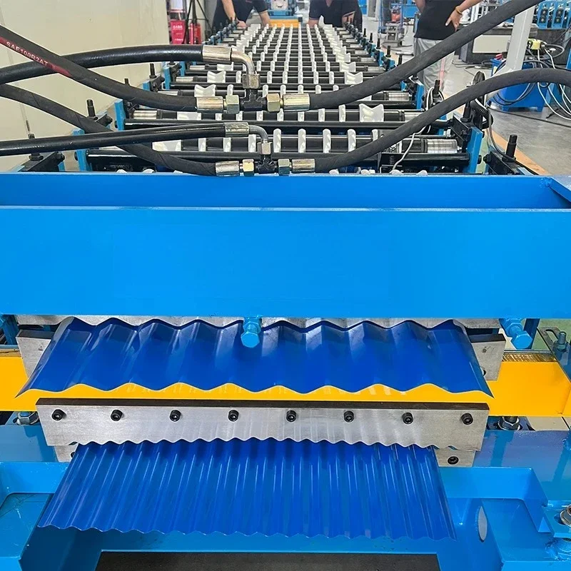 Color Steel Trapezoidal Roof Panel Roll Forming Machine with Cr12 Cutting Blade for Precise Sheet Fabrication​ Factory Price