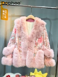 Moda Vintage Wszechstronne różowe futra z norek Ciepłe futra damskie 2024 Winter New Chinese Style Haftowane cekinowe płaszcze ze sztucznego futra