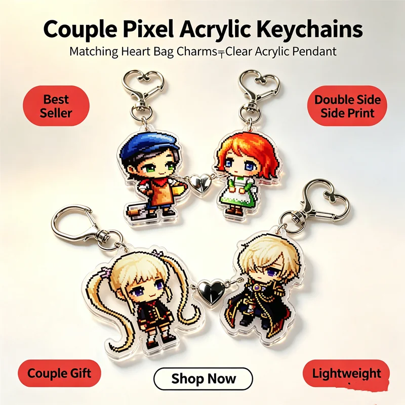 Pixel Style Couple Acrylic Keychain, Matching Heart Connect Bag Charms, Double Side Printed Transparent Pendant, Couple Gift