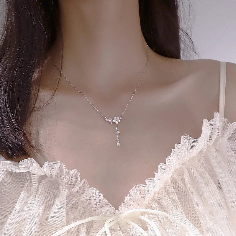 925 Sterling Silver Inlaid Zircon Necklaces for Women Romantic Cherry Blossom Pendant Clavicle Chain Choker Jewelry