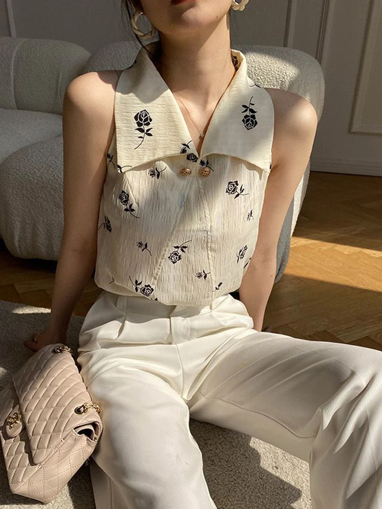 Vintage Print Sleeveless Shirt Women Korean Elegant Chiffon Blouse Summer Retro Design Turn Down Collar Office Lady Tops