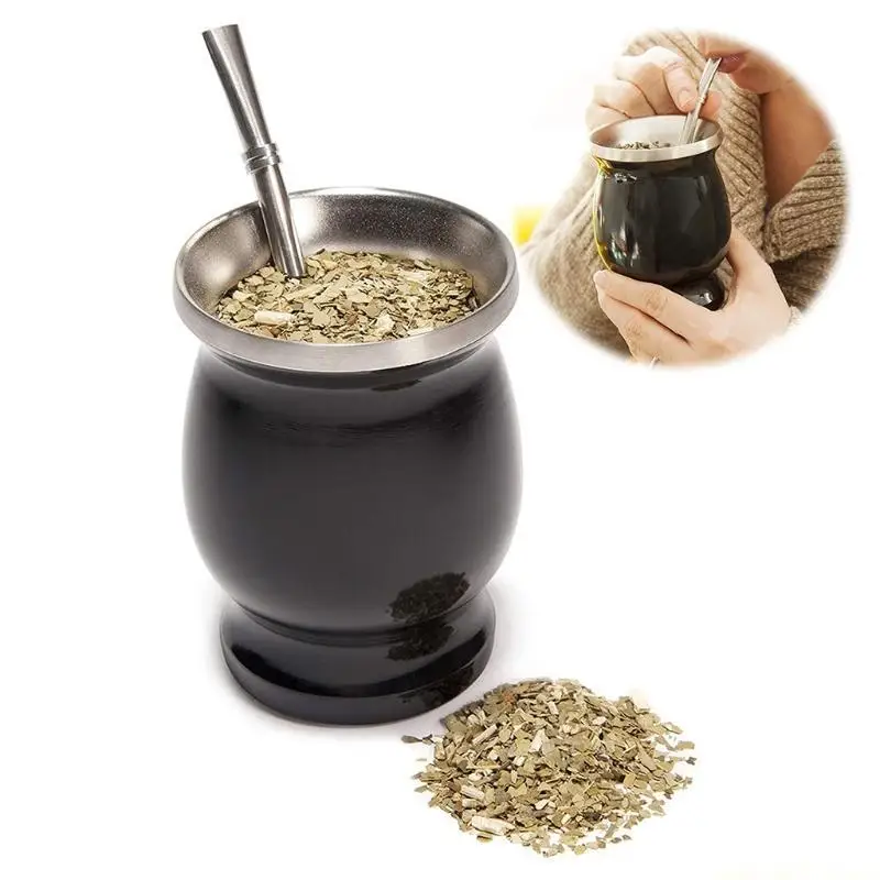 QX2E 8oz Stainless Steel Yerba Mate Tea Insulation Cup and Bombilla Straw Spoon Set