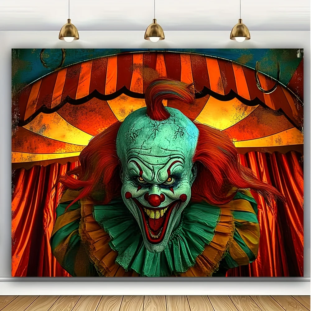 Hintergrund zum Thema Horror-Zirkus: Ein riesiger böser Clown – Halloween-Fotografie-Hintergrund – Geburtstagsparty-Dekoration