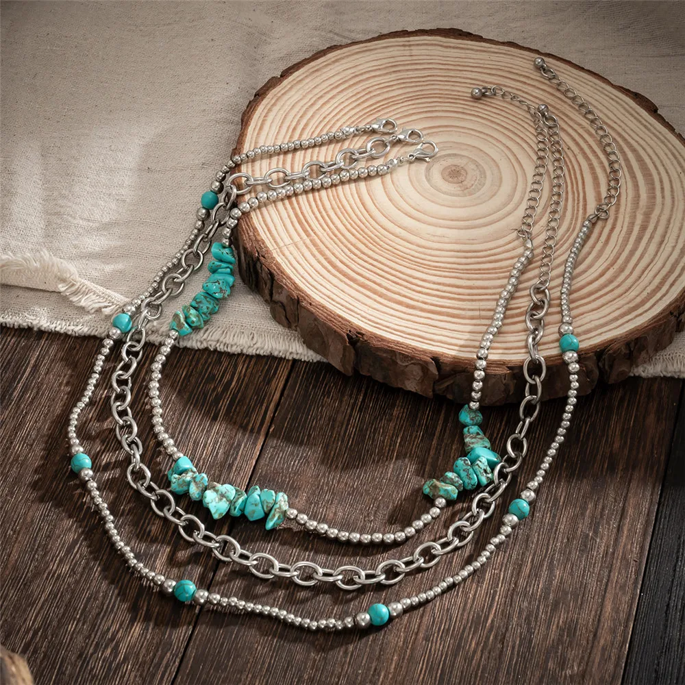 3Pcs/Set Multilayer Turquoise Natural Choker Necklace for Women 2023 Fashion Rice Bead Necklace Party Jewellery Gifts