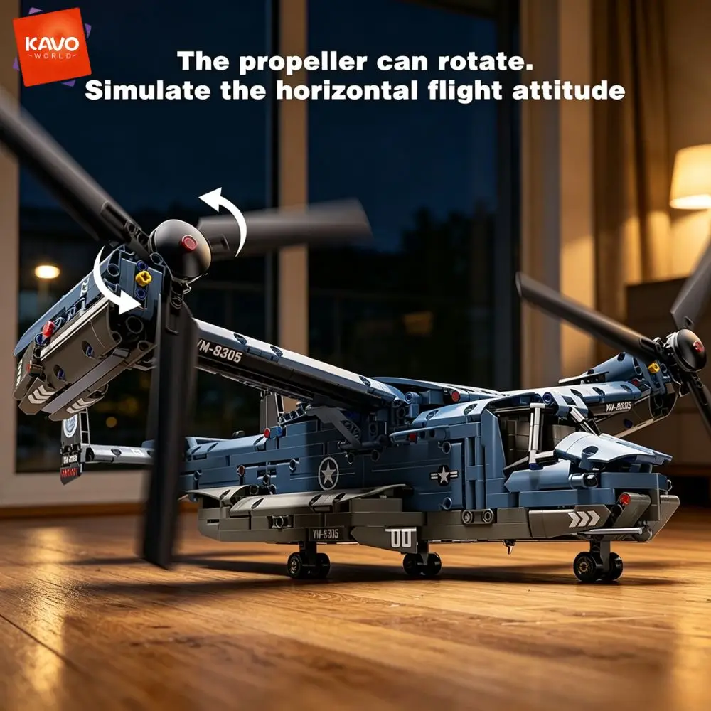 KAVOWORLD 1486PCS V-22 Osprey Tiltrotor Aircraft Building Blocks Set Simulation Military Helicopter Model Kit Collectible Airplane Bricks Construction Set, 360° Rotating Propellers Sliding Cockpit Movable Landing Gear Military Fans Christmas Birthday Gift gallery 6
