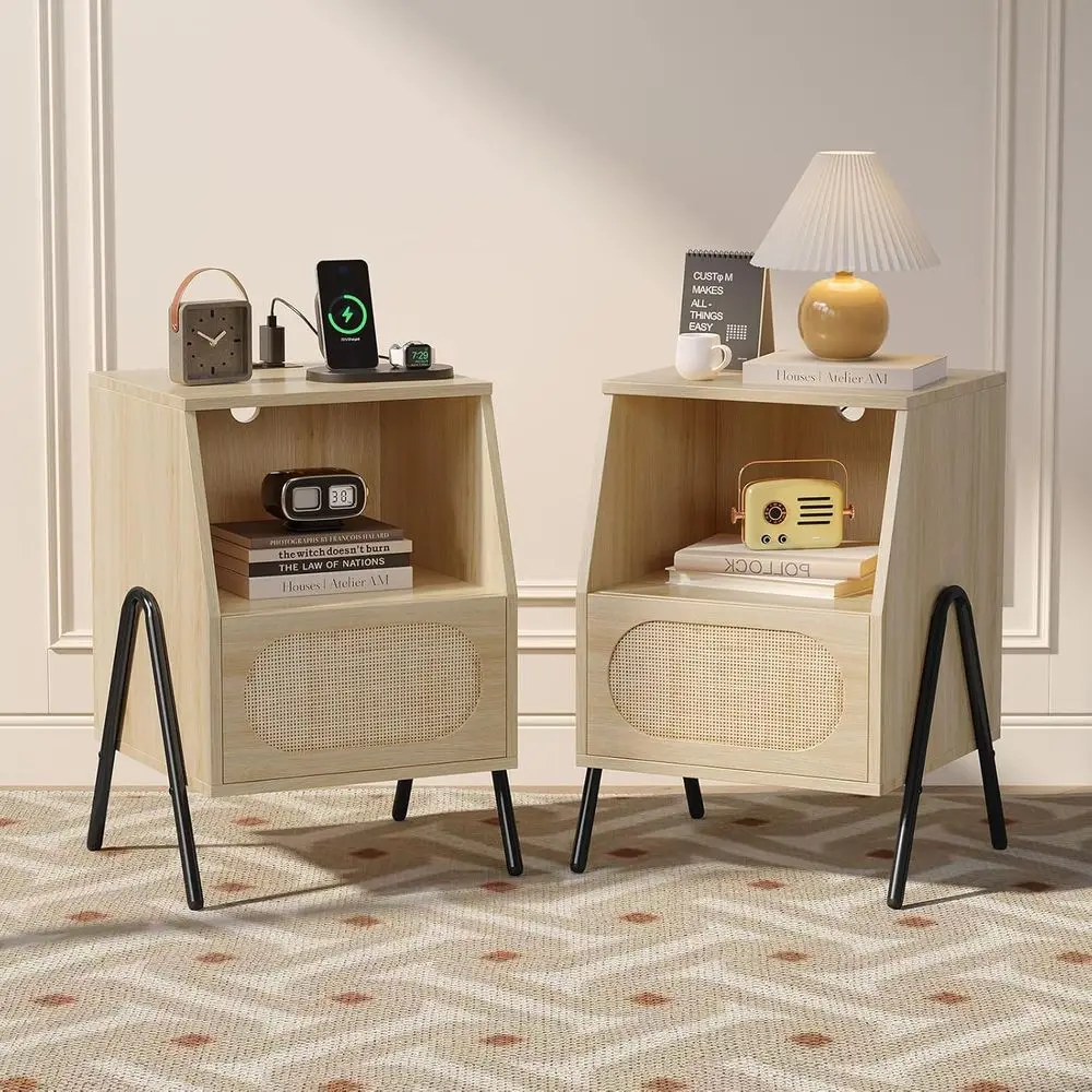 

Rattan Nightstands with Charging Station, 17.6" W Boho Nightstand Set o 2 with Der, Wood Nightstand Bedroom, Boho Night Stands O