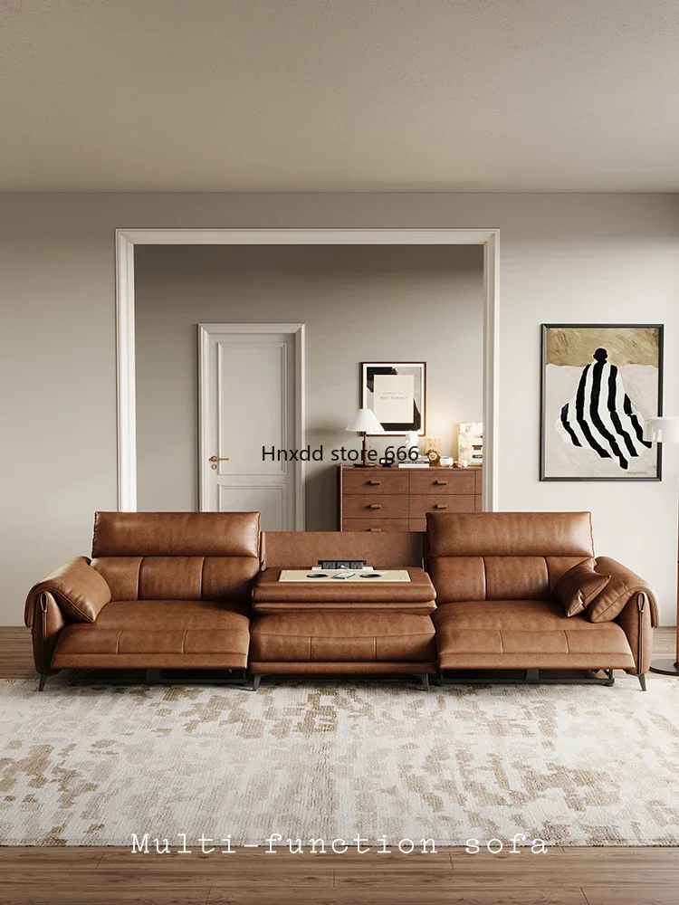 Italian minimalist first-floor cowhide living room small apartment three-person straight row functional sofa image 3