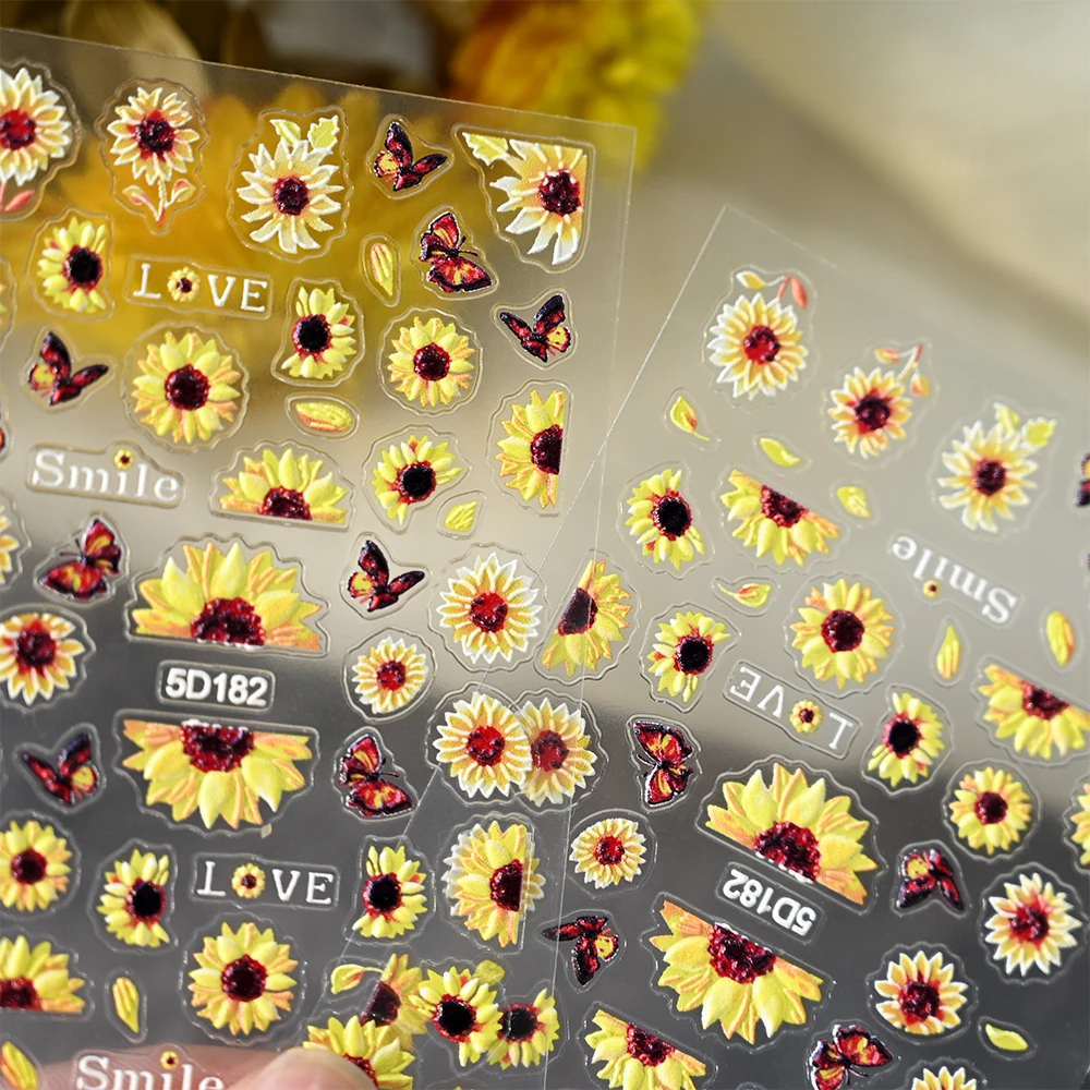 5D Sunflower Nail Stickers Blossom Flowers Oil Painting Nail Art Adhesive Sliders Decals Foils Sliders Decorations for Manicure