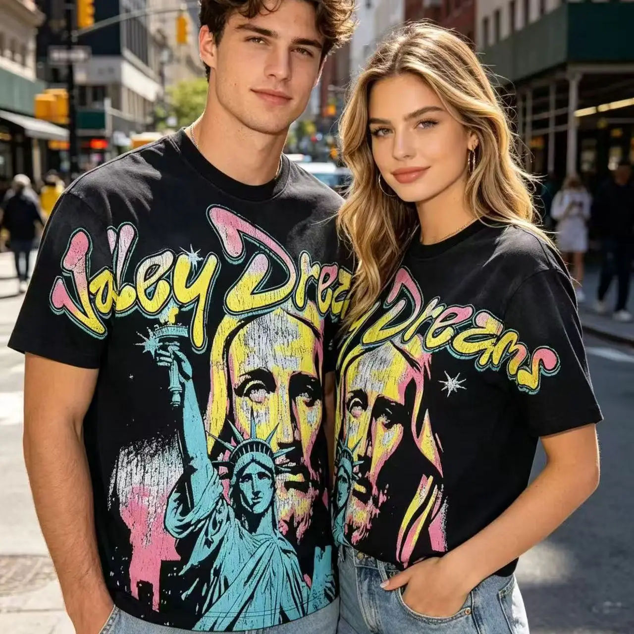 Vale Valley American Freedom Statue Washed Vintage High Street Pure Cotton Short Sleeve T-Shirt Retro Print Unisex Summer Top