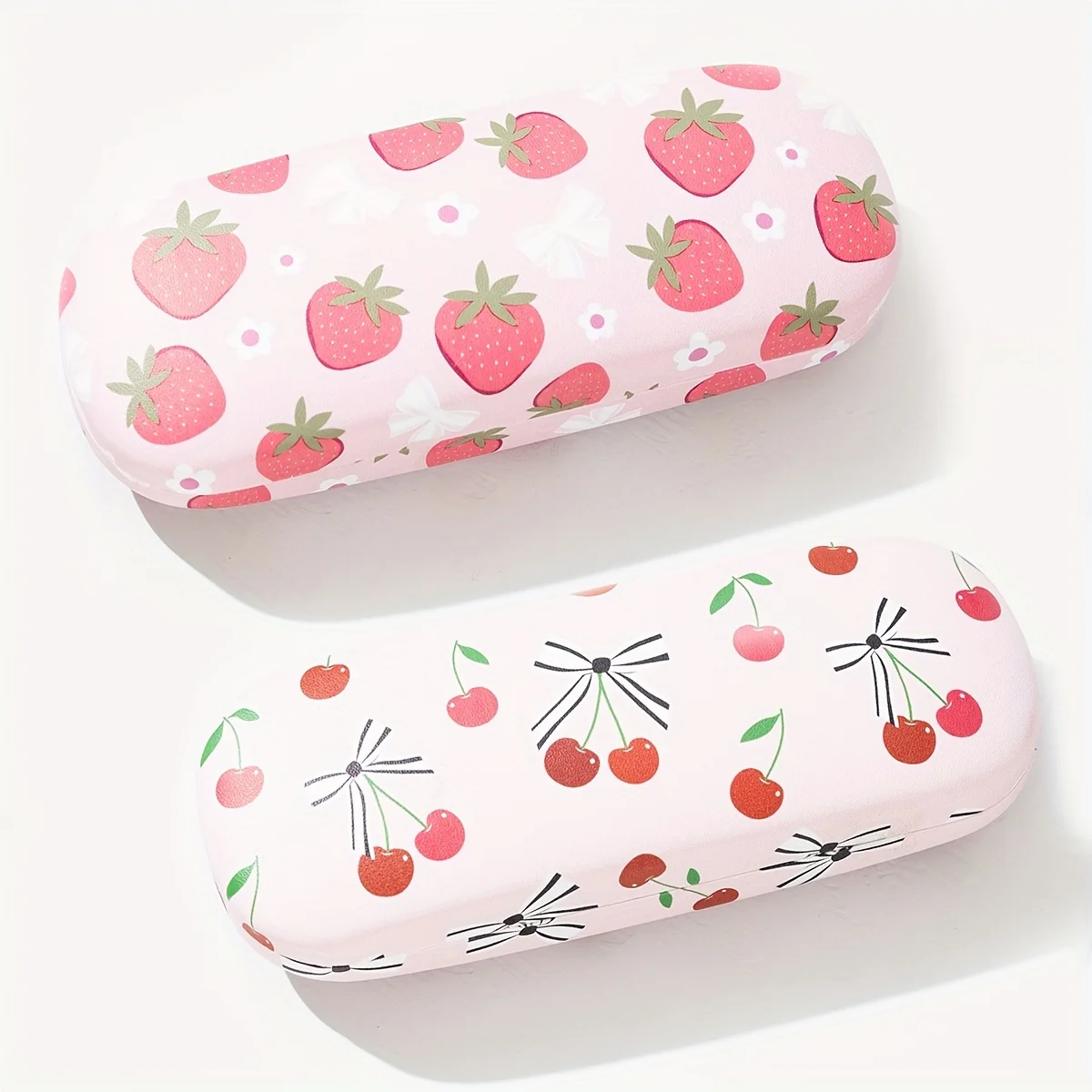 Pink Strawberry Glasses Case with Cherry Print Design Style for Girls' Storage and Portable Glasses Case