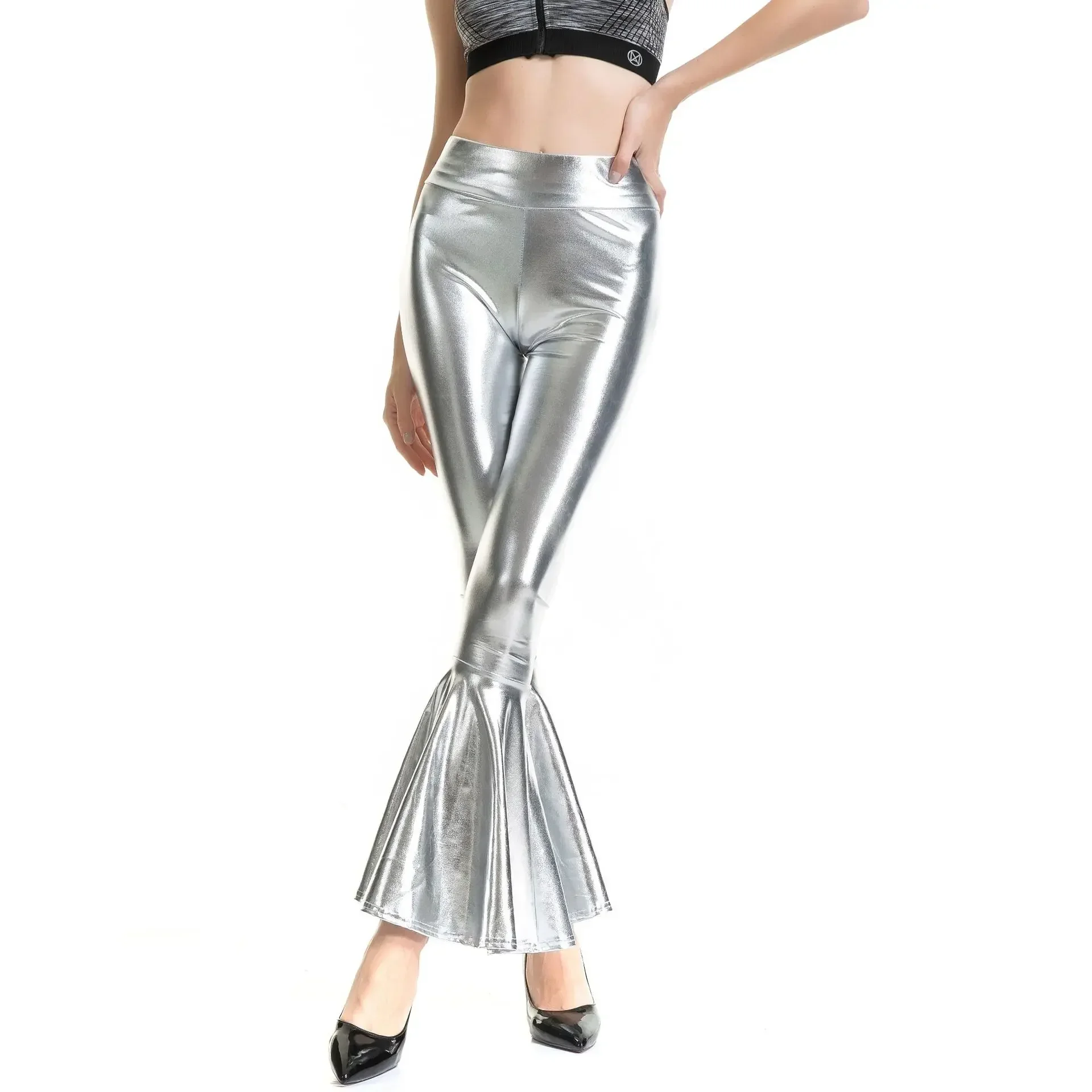 Sexy PU Leather Metallic Pants Shiny Holographic Flare Pants Women Girls Bodycon Elastic Waist Bell Bottom Trousers Clubwear