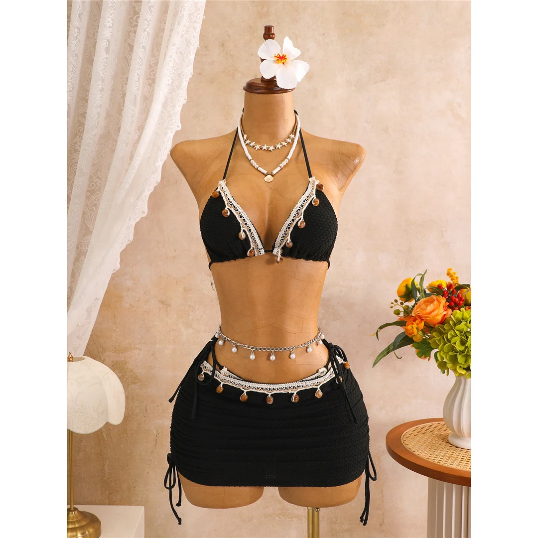 Mit Rock-Splicing-Design, Neckholder-Bikini, Damen-Badeanzug, dreiteiliges Bikini-Set, gepolsterter Badeanzug, Badebekleidung, Schwimmanzug V8508 – Detail 7